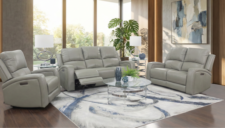 Aria Grey 3 Piece Zero Gravity Dual Power Leather Reclining Sofa, Leather Reclining Console Loveseat, and Leather Recliner