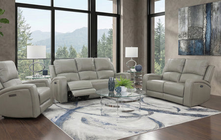 Aria Grey 3 Piece Leather Reclining Sofa, Leather Reclining Console Loveseat, and Leather Zero Gravity Dual Power Recliner