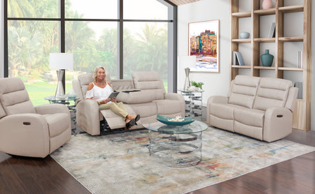Leo Taupe 3 Piece Leather Triple Power Sofa with iTable, Loveseat, and Glider Recliner