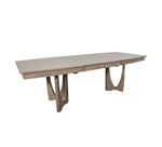 Long wooden dining table with a white background
