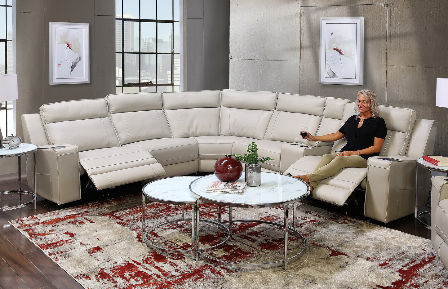 Avenger Grey 6 Piece Leather Triple Power Sectional Sofa with iTable Mini