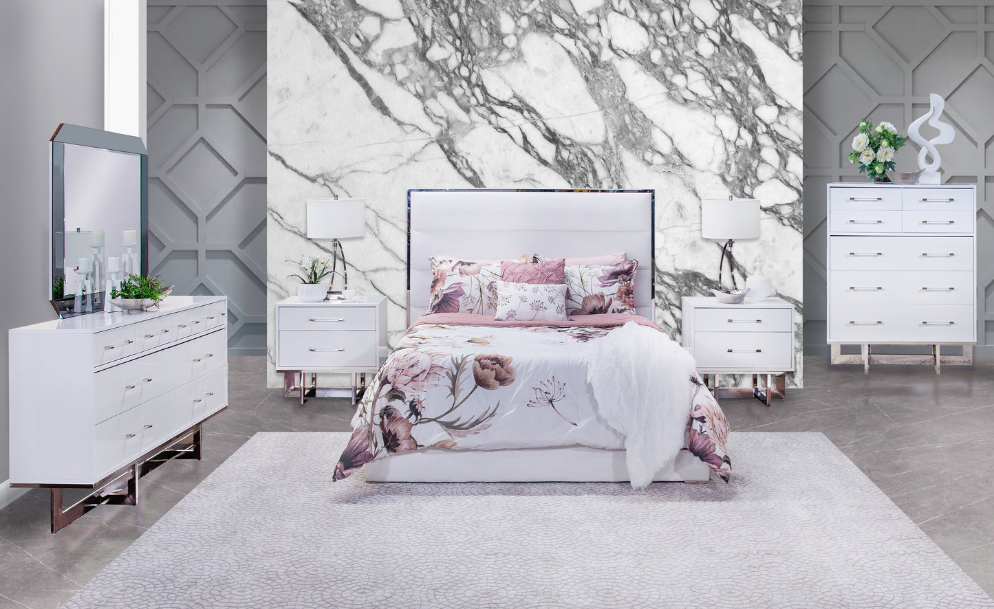 Dante White 5 Piece Queen Framed Upholstered Bedroom