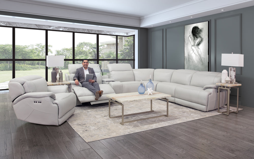 Seccional reclinable eléctrico dual de cuero de 6 piezas en gris Hawkins